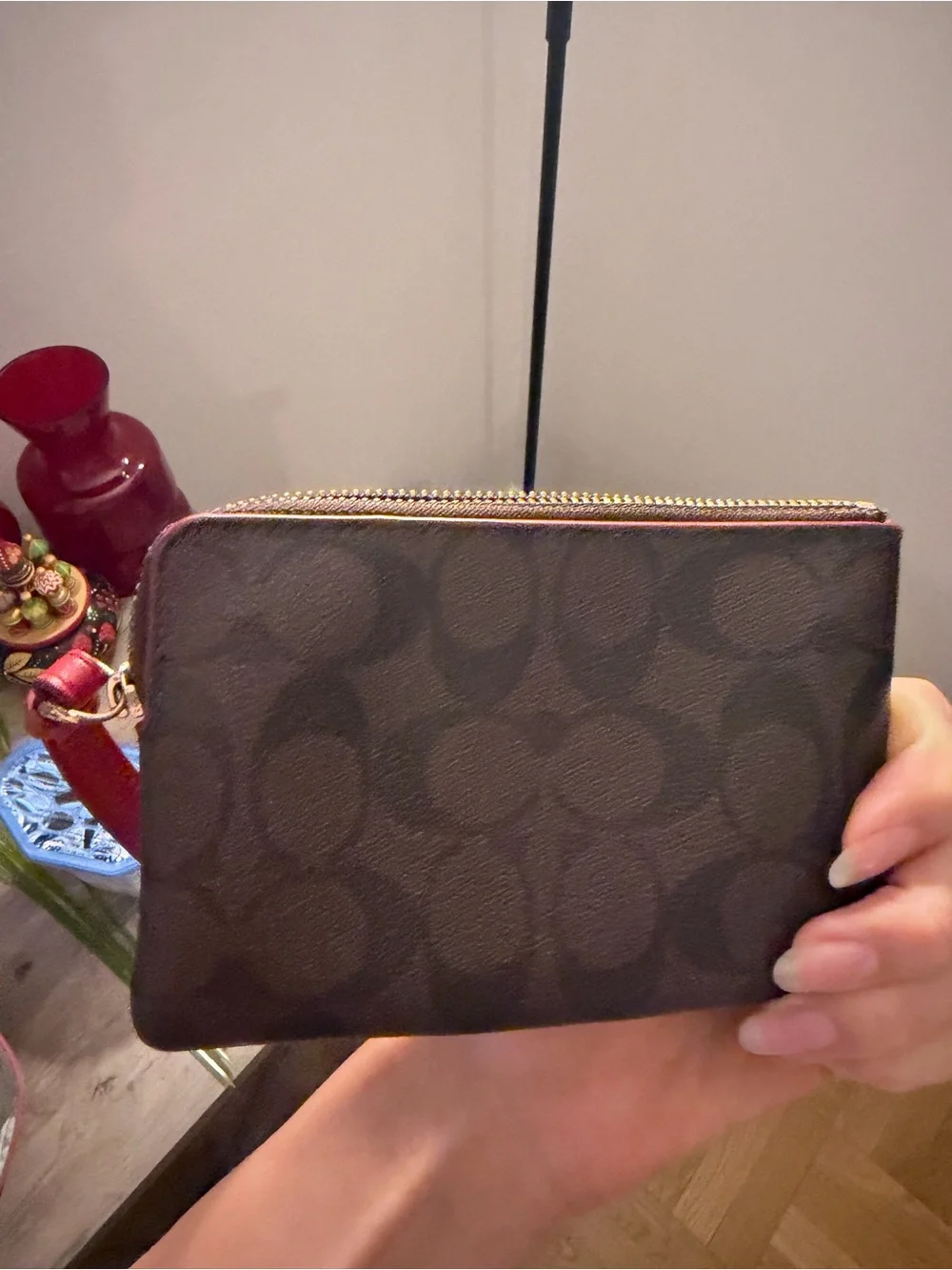Coach Brown Signature Wristlet with Red Center Stripe